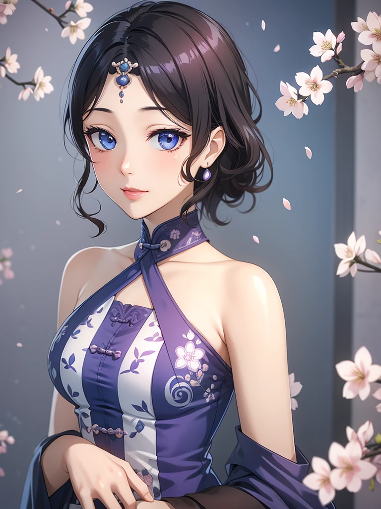 (high-quality, breathtaking),(expressive eyes, perfect face) 1female, girl , solo, teenager, asian woman hairstyle, short hair length, soft wave, black hair color, Heterochromia left eye blue and right eye purple, white and black dress, shawl, blue and purple background, music, gentle smile, swirls in background, music notes background, beautiful background, symmetrical eyes, Qing Dynasty Costumes, hairpin, cherry blossom background
