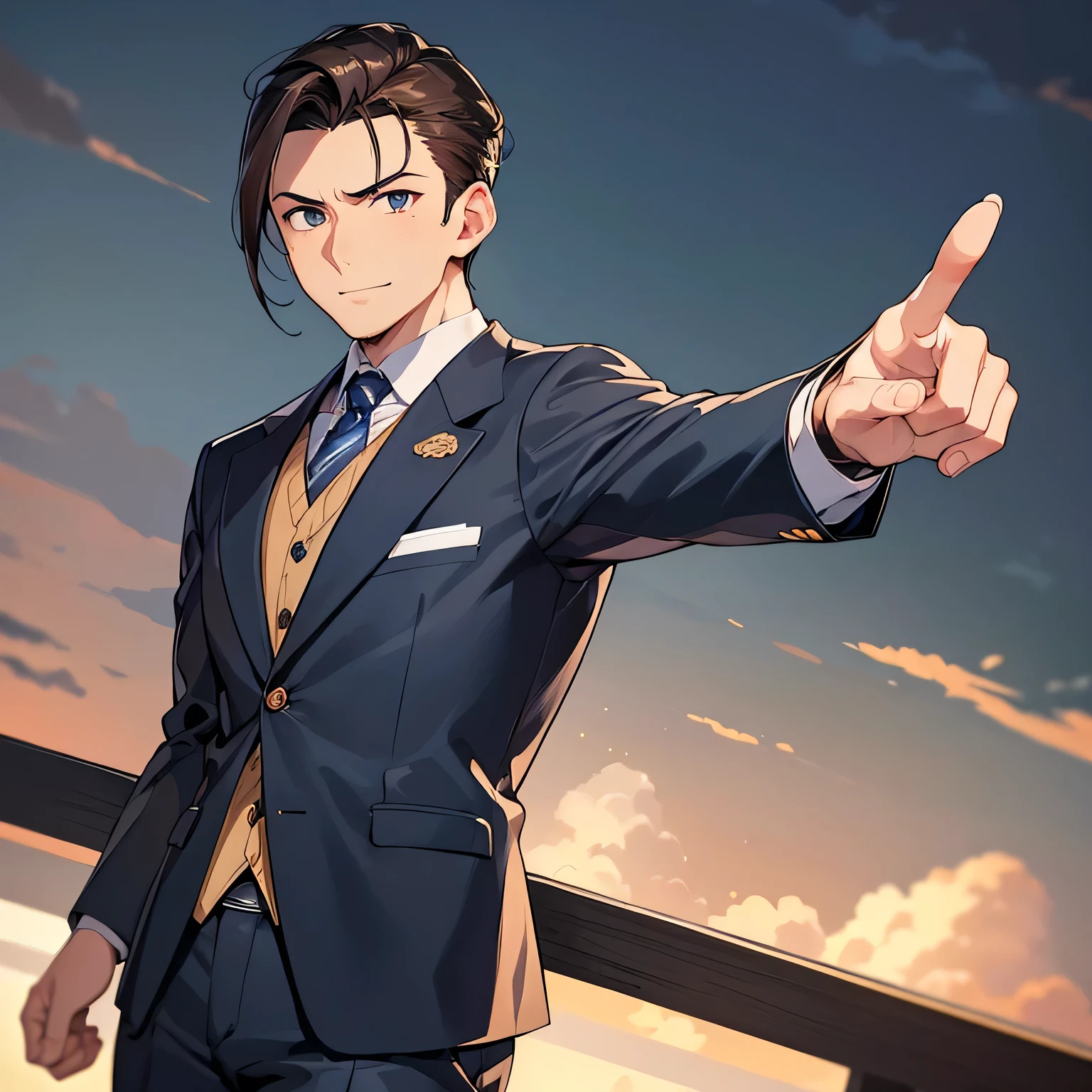 Top quality, best picture quality, 1080p, 8K, masterpiece, first class, (perfect face), (attention to detail), male, ((30 years old)), (alone), (headshot), frontal, handsome anime pose, looking at camera, ace lawyer from Ace Attorney, ace lawyer style, anime pose, ((left arm raised to chest level and pointing finger))), anime style, dark brown hair, classic short side parted light hair, navy blue recruitment suit, navy blue trousers, grey tie, watch on wrist, (open mouth), round chin, fresh full smile.