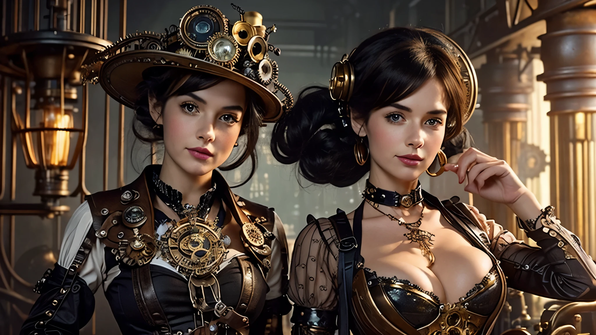 Create a mesmerizing image of a steampunk pin-up engineer in a Victorian-inspired outfit, surrounded by swirling gears and atmospheric steam. Emphasize intricate details like brass accessories and whimsical inventions, while capturing the engineer's confident expression and creative aura. Transport the viewer to a world where retro-futurism meets elegance, inviting them to explore the wonders of this fantastical realm.
