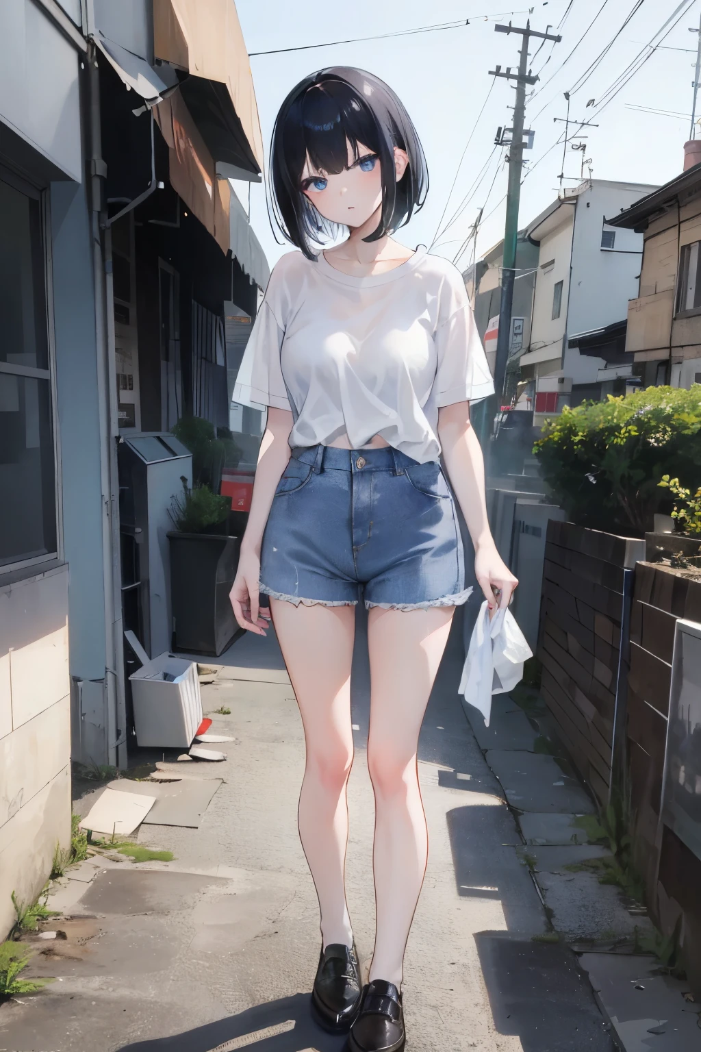 1girl, short black hair, blue eyes, wearing plain white shirt, denim shorts, city, absurdres, high res, ultrasharp, 8K, masterpiece, looking at viewer