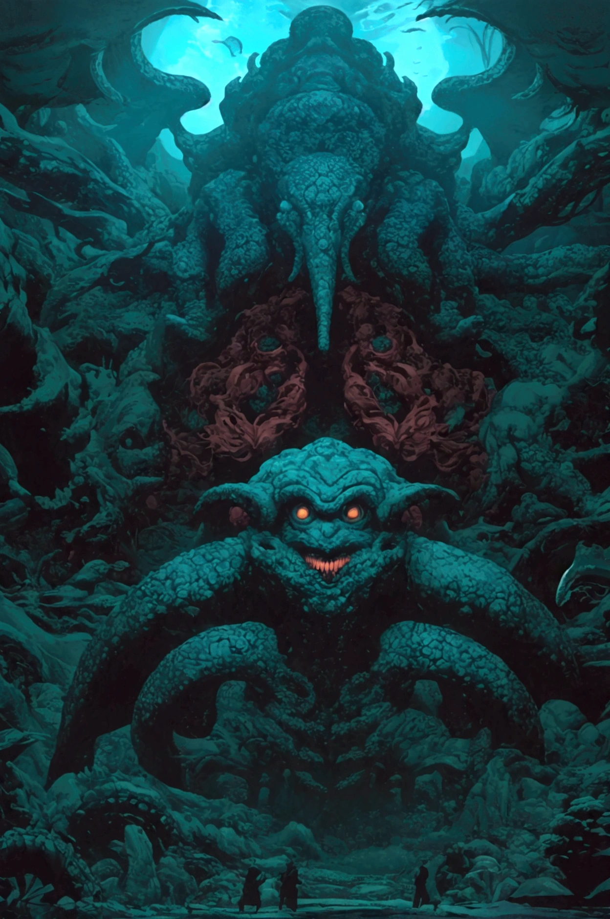  I have a picture of a giant monster with a huge mouth,  Lovecraft Scenery ,  symmetrical epic fantasy art , Undersea Temple,  epic sci-fi fantasy illustration , Dan Mumford.  Concept Art,  Noah Bradley , Inspired by Lovecraft, world of warcraft  Concept Art,  Cthulhu Monsters , noah bradley  Concept Art,  Lovecraft Scenery ,  detailed fantasy art 