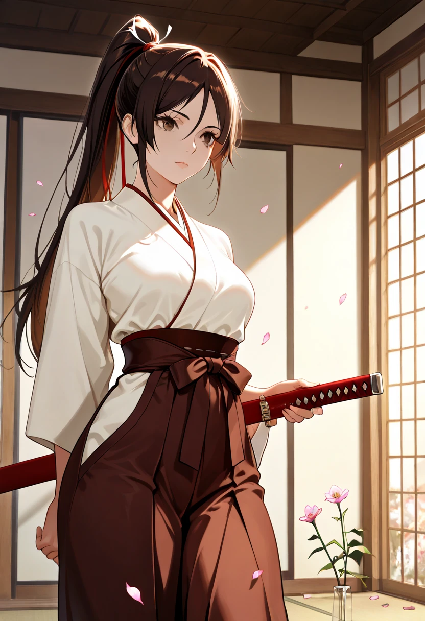 
((IncrsUnsheathingAKatanaMeme, sheath, holding sheath)),Realistic image, detailed image, coherent image. 1 beautiful girl. She has long hair, styled in a ponytail, brown hair. Honey brown eyes, with long eyelashes. Sensual expression. sagiri yamada asaemon, long hair, black hair, ponytail, high ponytail, (brown eyes:1.5), japanese clothes, kimono, hakama, She has a curvy body, medium breasts and thick thighs. She is on her knees with her buttocks raised. View from front. Arching her back. In a room, surrounded by flower petals. Soft focus, Dramatic shadows, Volumetric lighting, natural lighting,