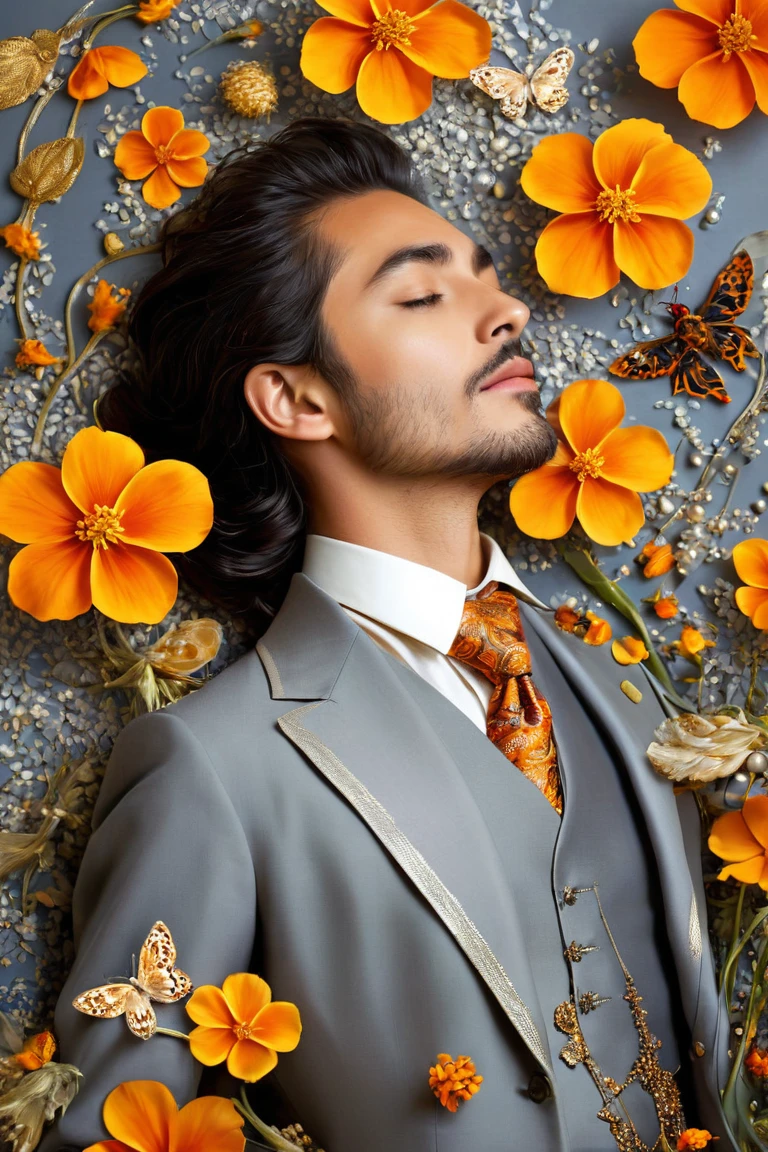 fleeting_elegance.psd: Charming flea, elegantly dressed in pearl gray suit, rich texture of fabric catching light, delicate vest with intricately stitched patterns, striking red tie cascading down, poised over minuscule grain of pollen, engrossed in reading microscopic book adorned with scientific texts and detailed botanical illustrations, surrounding marigold flower, vibrant gold and orange petals stretching around, superbly saturated colors, emphasizing flower as scene's true protagonist, magic enveloping the scene, air alive with colorful particles, microscopic pollen dancing in ethereal motion, drawing inspiration from esteemed naturalists like Maria Sibylla Merian, Étienne Geoffroy Saint-Hilaire, Louis Renard, modern visual leaders in microphotography like Felice Frankel and Manfred Kage, creating visual isolation that reflects enchanting strangeness, evoking a moment of wonder, deep brushstrokes harmonizing with sharp photographic details reminiscent of Richard Learoyd and James Casebere, everything rich in degrees of light with infinite blurred backgrounds, chiaroscuro effects highlighting the flora's textures, capturing a fleeting moment of beauty in nature, a vision that transcends the ordinary, welcoming viewers to a deeper exploration of the minute and the magnificent, with poetic intensity and artistic flair.