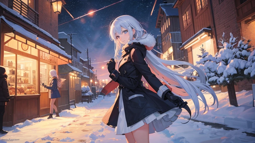 "A high-quality anime-style illustration of a young, friendly woman in her early 20s. She has a warm smile and is wearing a stylish winter coat and gloves. Snowflakes are falling around her. She is reaching out her hand in an inviting manner, standing close to you. The scene is set from a dramatic angle, showing her full body in motion, capturing a dynamic and touch-oriented moment. The background is a bustling town with festive lights and decorations, creating a sense of drama and connection."
