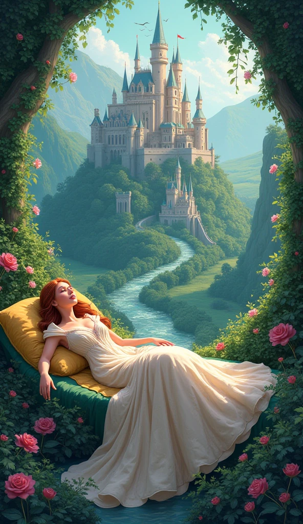 A stunning illustration of a beautiful woman wearing a flowing WHITE and gold gown adorned with intricate embroidery. She has long, wavy CHESTNUT hair and is wearing a FORGET ME NOT FLOWER TIARA that matches her gorgeous night gown. The princess is lying on a full of heart pillows, her hand hold a book, has a glass of rose wine overlooking the vinyard with grapes and fullmoon backdrop, WITH pastel clouds AROUND HER, casting a warm glow on her. 