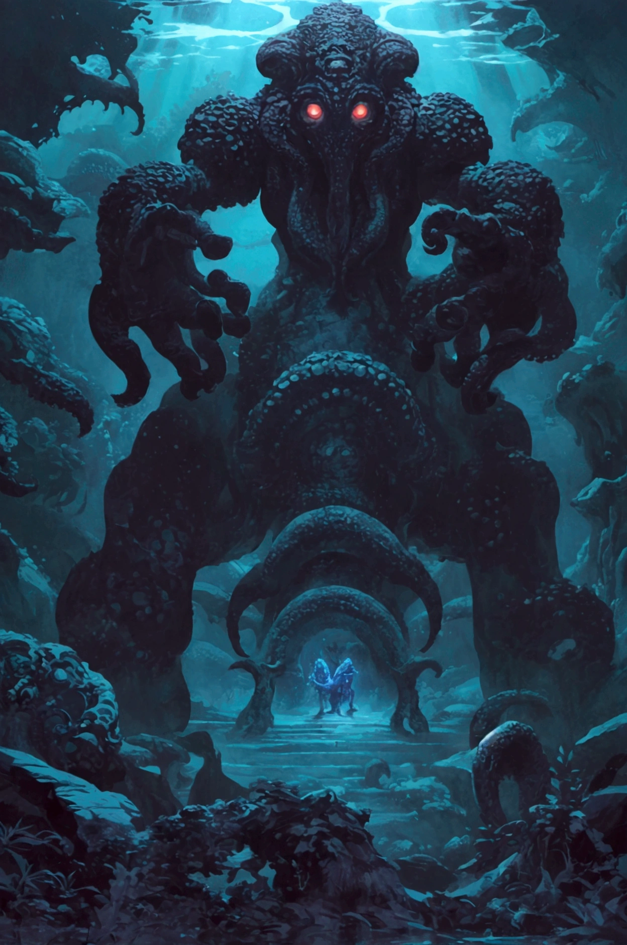  I have a picture of a giant monster with a huge mouth,  Lovecraft Scenery ,  symmetrical epic fantasy art , Undersea Temple,  epic sci-fi fantasy illustration , Dan Mumford.  Concept Art,  Noah Bradley , Inspired by Lovecraft, world of warcraft  Concept Art,  Cthulhu Monsters , noah bradley  Concept Art,  Lovecraft Scenery ,  detailed fantasy art 