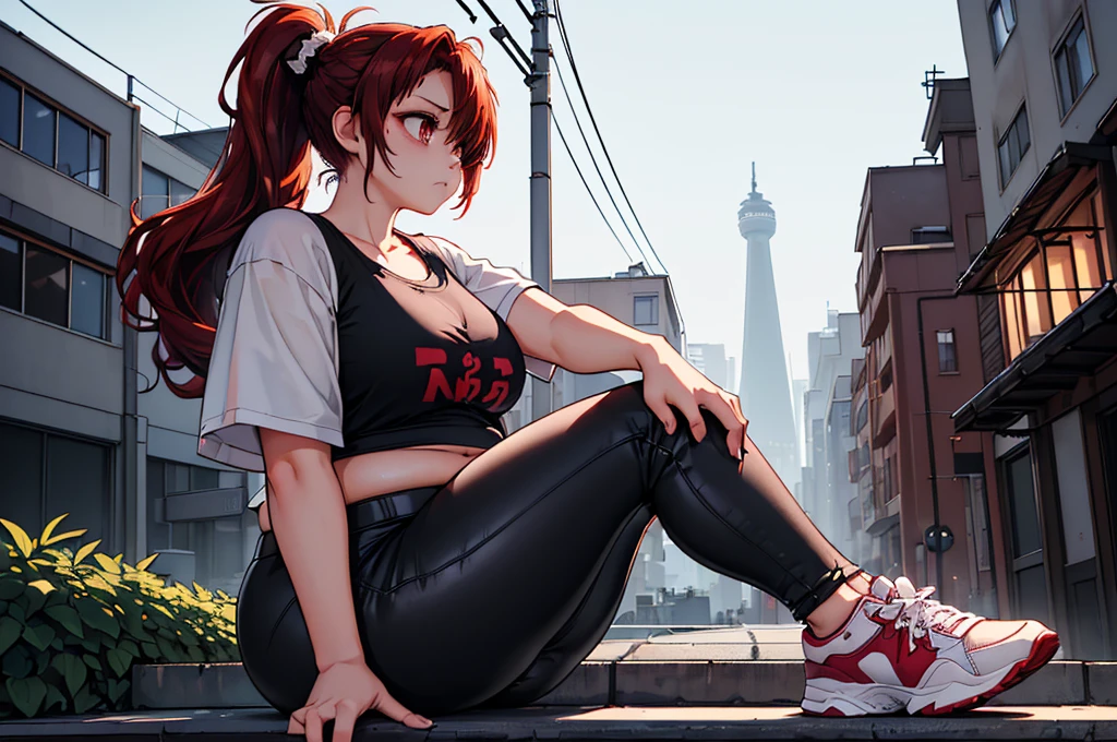 1girl,( side view , Characters are located in the distance:1.5),(Sitting at an angle on the stairs at the bottom left of the screen:1.5),(urban lonely street background, Streetlight,  dark night , moonshine:1.5),(City background,  Sports Jacket , Black leggings, Crop Tee,Cyberpunk,  Dark Sky , Neon Light ,  Beautiful Night , Building Forest, road name, automobile,  Numerous Windows1.5), ,(A well-made chest:1.5), (Dark red eyes :1.5), (hair over one eye, rustling and messy hair, A full ponytail, Dark red hair, Long hair with strong curls,  sitting on a white background, left eye covered by hair, Ponytail that falls below the waist:1.5), (sneakers, flushing:1.5), ( shy expression , flushing:1.5), (Belly fat, Chubby thighs,  chubby ass , Slender waist :1.3)