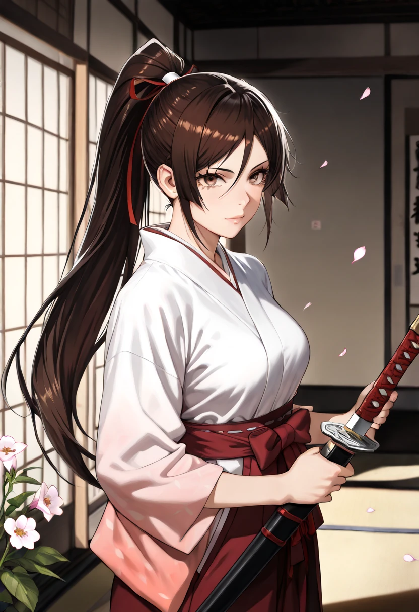 
((Incrs Unsheathing A Katana, sheath, holding sheath)),Realistic image, detailed image, coherent image. 1 beautiful girl. She has long hair, styled in a ponytail, brown hair. Honey brown eyes, with long eyelashes. Sensual expression. sagiri yamada asaemon, long hair, black hair, ponytail, high ponytail, (brown eyes:1.5), japanese clothes, kimono, hakama, She has a curvy body, medium breasts and thick thighs. She is on her knees with her buttocks raised. View from front. Arching her back. In a room, surrounded by flower petals. Soft focus, Dramatic shadows, Volumetric lighting, natural lighting,