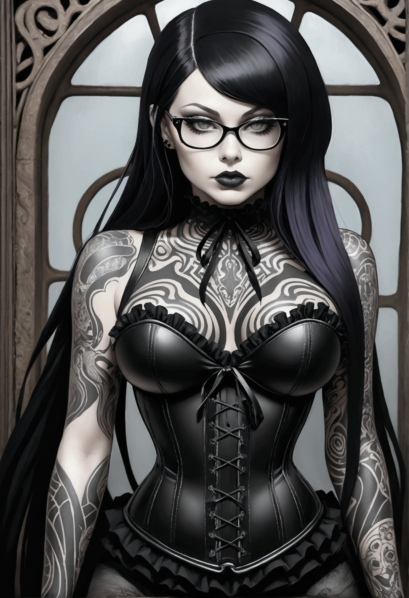 Hr giger tattooed woman with long necroplasma hair and glasses posing in a corset, hr giger tattooed goth pinup, inked, corset, very tight corset, vests and corsets, see through corset, transparent corset, tattooed, inked and colored, lace lingerie, hr giger tattooed body, thin black lingerie, anatomical perfection, style of ink, pinup voluptuous seductive body, gorgeous goth, corsets, elegant corset, 