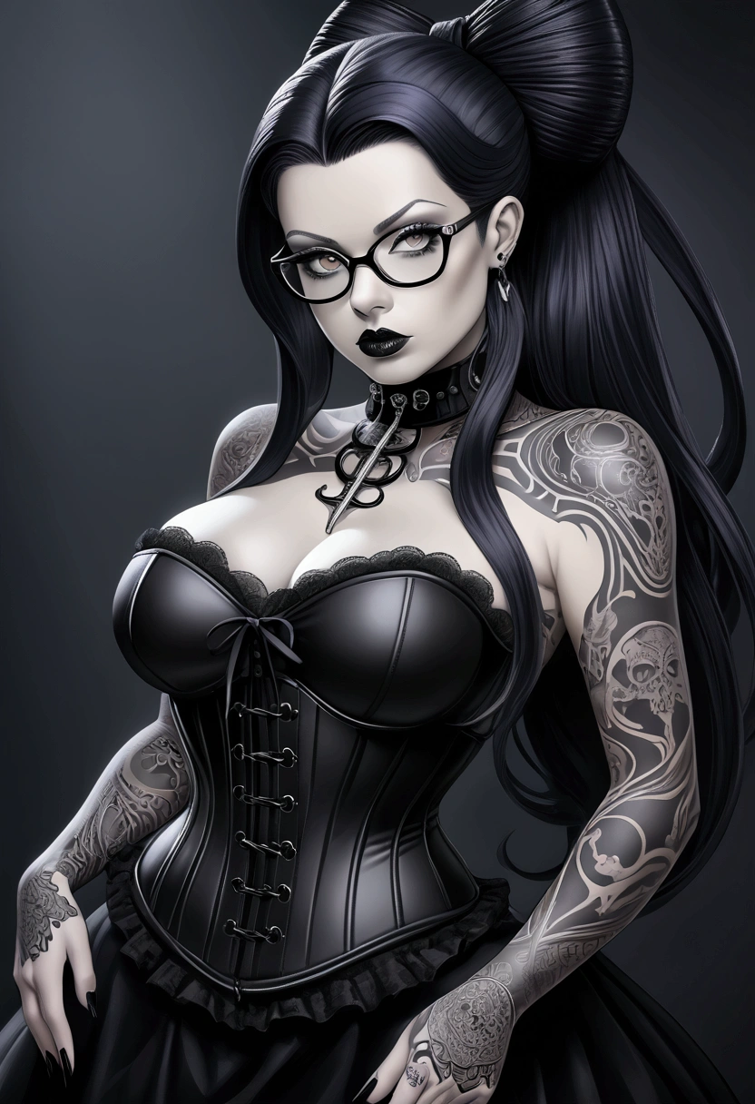 Hr giger tattooed woman with long necroplasma hair and glasses posing in a corset, hr giger tattooed goth pinup, inked, corset, very tight corset, vests and corsets, see through corset, transparent corset, tattooed, inked and colored, lace lingerie, hr giger tattooed body, thin black lingerie, anatomical perfection, style of ink, pinup voluptuous seductive body, gorgeous goth, corsets, elegant corset, 