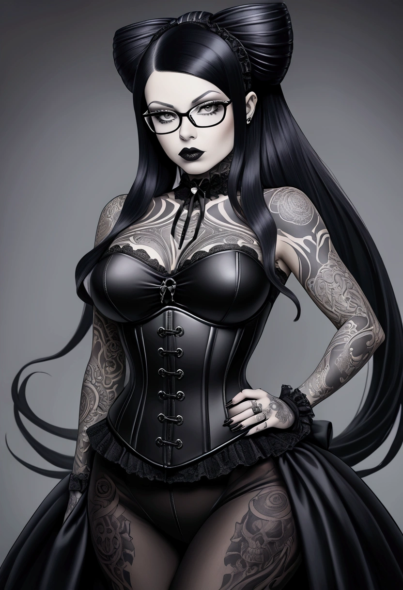 Hr giger tattooed woman with long necroplasma hair and glasses posing in a corset, hr giger tattooed goth pinup, inked, corset, very tight corset, vests and corsets, see through corset, transparent corset, tattooed, inked and colored, lace lingerie, hr giger tattooed body, thin black lingerie, anatomical perfection, style of ink, pinup voluptuous seductive body, gorgeous goth, corsets, elegant corset, 