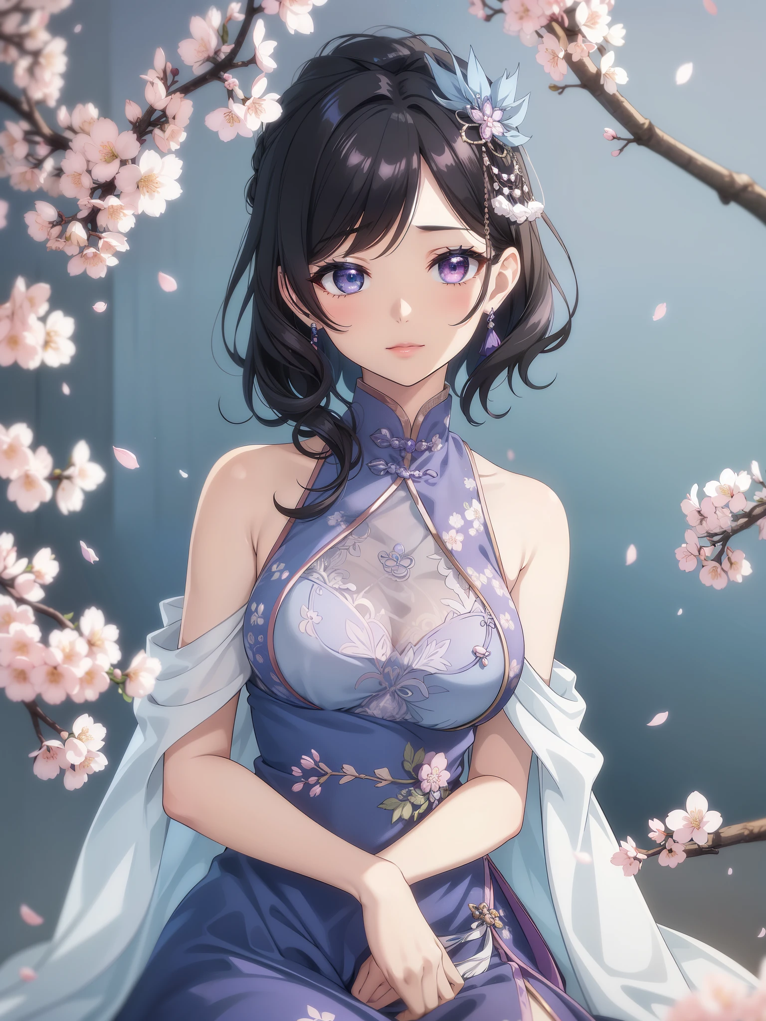 (high-quality, breathtaking),(expressive eyes, perfect face) 1female, girl , solo, teenager, asian woman hairstyle, short hair length, soft wave, black hair color, Heterochromia left eye blue and right eye purple, white and black dress, shawl, blue and purple background, music, gentle smile, swirls in background, music notes background, beautiful background, symmetrical eyes, Qing Dynasty Costumes, hairpin, cherry blossom background
