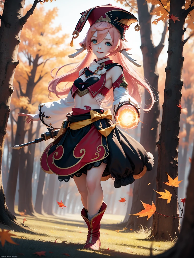 1 girl, (alone:1.2), ((masterpiece)), [Slim], (), pale skin, ((delicate eyes)), (bokeh effect), (dynamic angle), dynamic poses, blue hair, fire flame effect, smiling, hapiness, fire fractal, pink hair, There are white corners on the side, Red Hat, external, autumn, trees and leaves, Yellow leaves fall, Walk on the grass