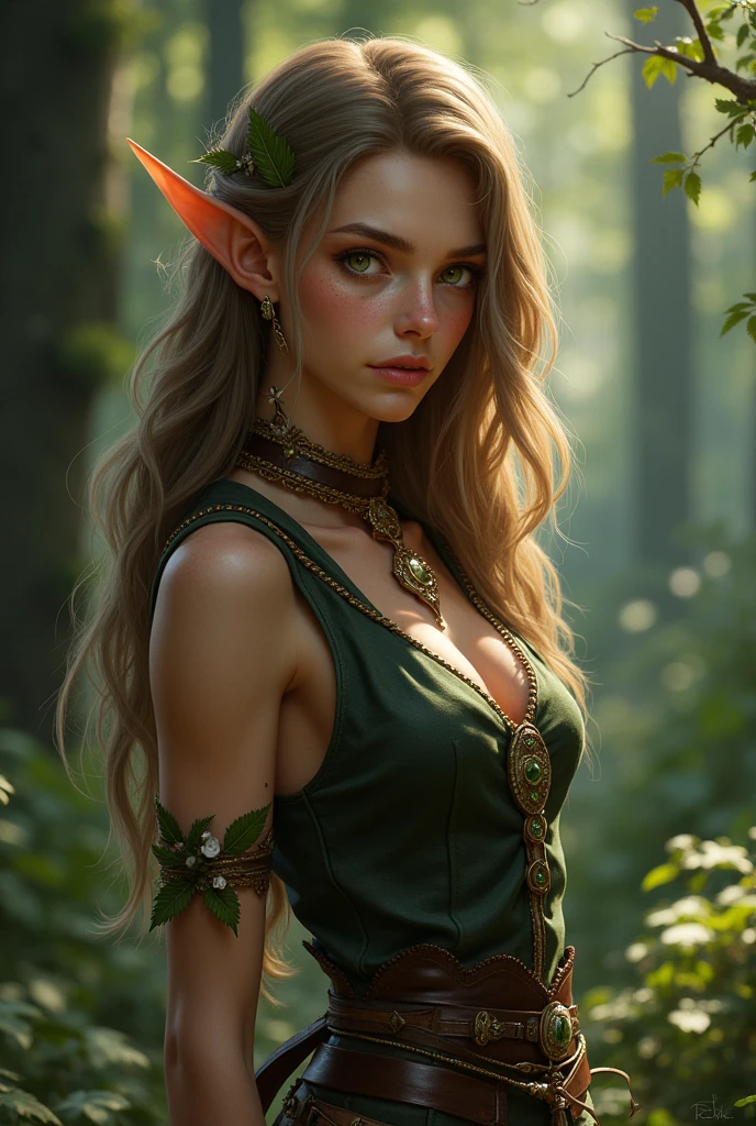 uma mulher de 20 anos, Caucasian skin, short hair to the chin blonde, with two large strands down to the shoulders in the front, honey colored eyes with small belladonnas around the iris, light green water lines, ear with leaf earrings, narrow but fleshy mouth, angelic face with big eyes (the appearance has to be of a fantasy world) and the indifferent expression, Her ears are elven She wears a dark green tight outfit with brown at the waist She carries small bottles of herbs, has a dagger in his thigh, her body is curvy and small, and she also carries a bow on her back