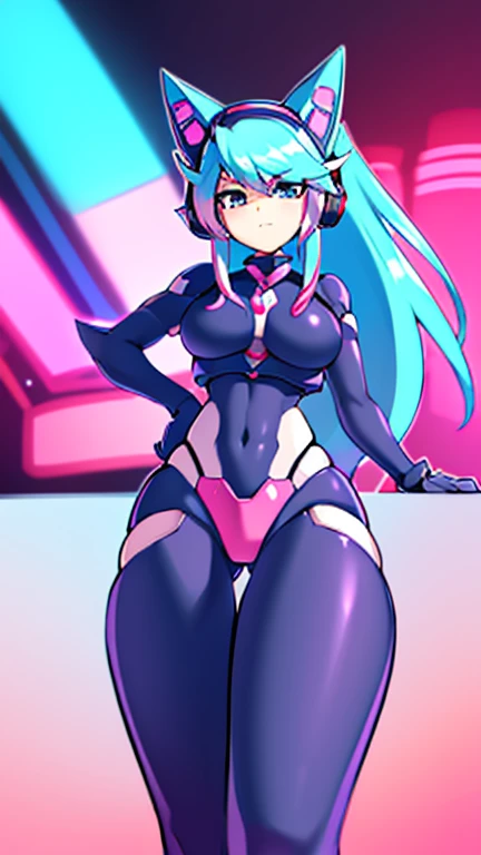 {{masterpiece, ultra-high quality, ultra detailed,}} 1girl, Silvervale, Vtuber, Wolf girl, Pastel blue and pink hair, happy expresion, Maverick Hunter HQ, Mission Control Chair/headset, professional art, Reploid, robot girl, seductive pose, 