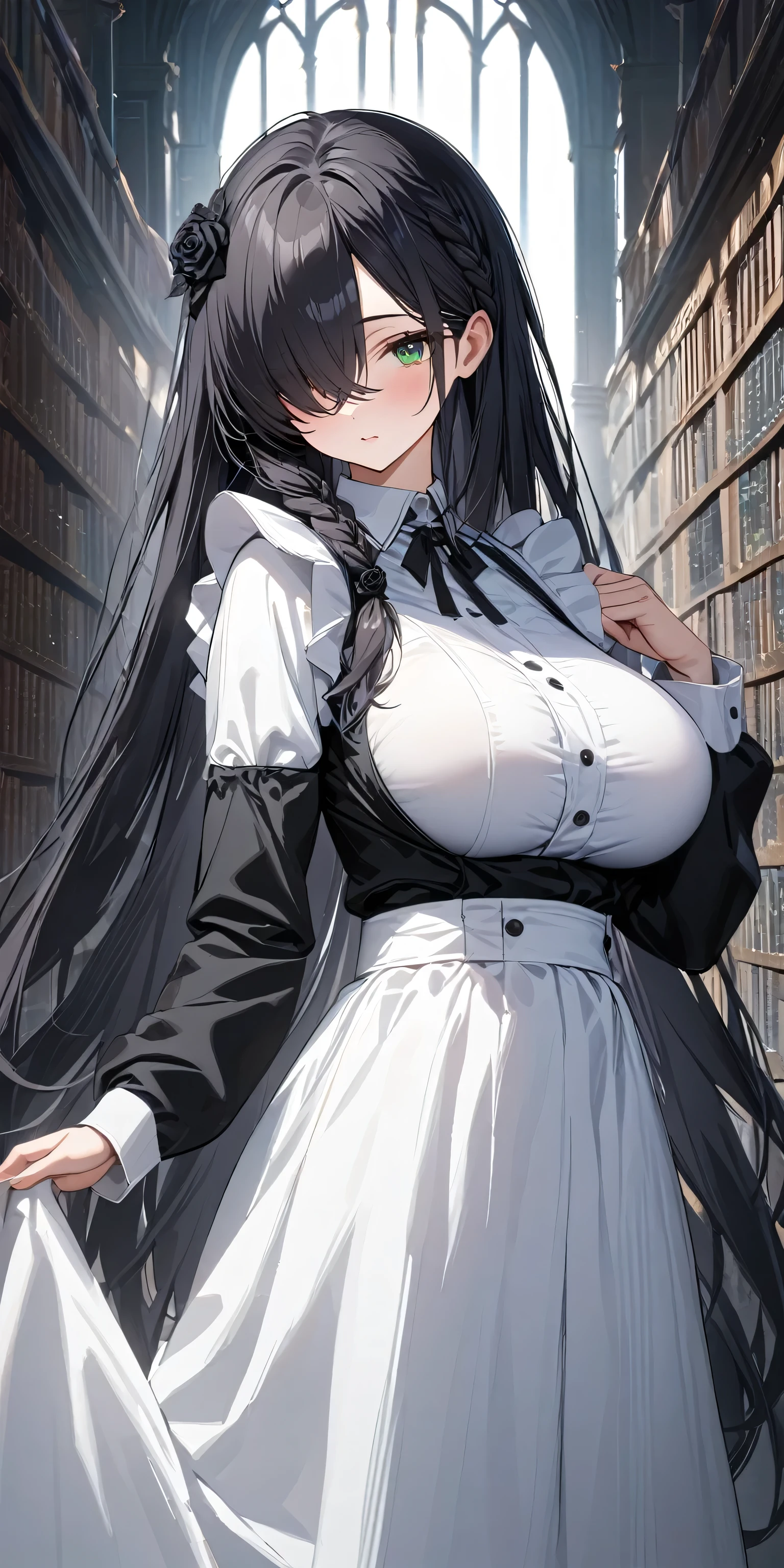 {{masterpiece}},high quality, 4K, 2D, 1 girl,{simple gray background},(attractive mature lady:1.6),milf,standing,sagging breasts,(gigantic breasts:1.5),maid,front face,{{tareme}},attractive mature lady,black hair, {from right in front of face and body},View viewers from front,{front facing shot},Wear glasses,(serious:0.1)