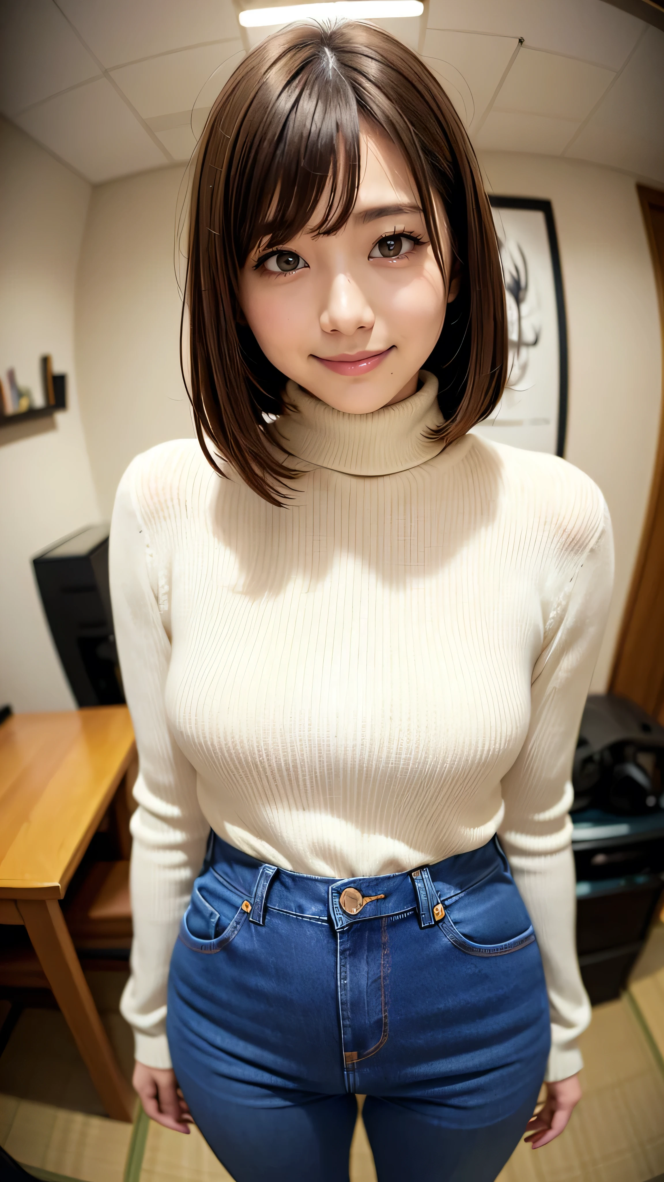 Realistic、masterpiece、 best quality、8k、 anatomically correct、 Accurate Human Structure 、Pale border 、Blue blank background、 slouching forward、Take a picture of your face with a fisheye lens 、 One cute Japanese woman is standing right in front of her 、A smile from the heart、( navy blue denim pants、 white turtleneck sweater)、(Brown Hair、 very short hair、middle part:1.3)、( shot with a fisheye lens :1.3)