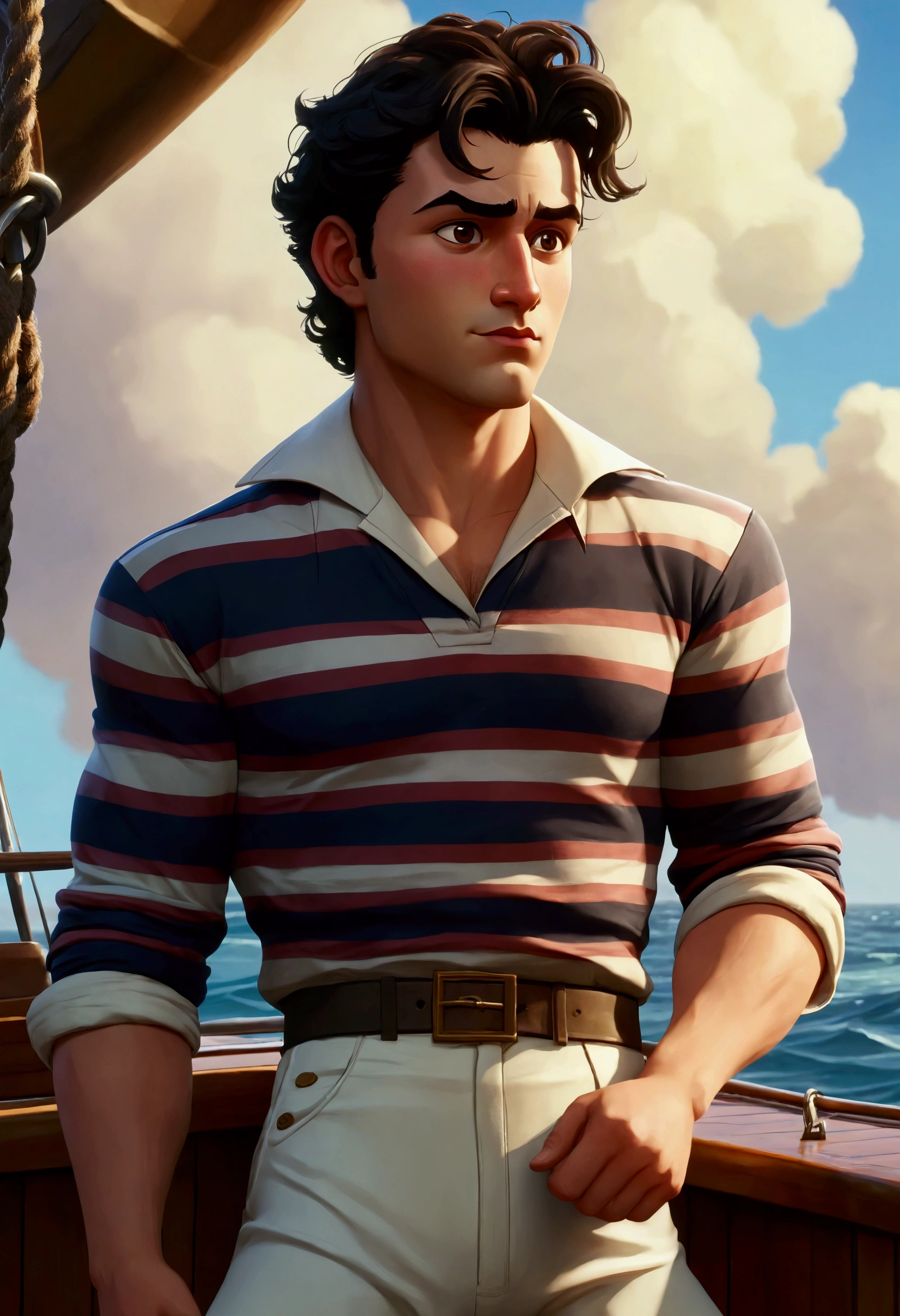An animated poster of a young sailor, male, wearing striped breeches, broad, stocky physique, deep brown eyes, bulbous nose, full lips, brown-black hair, curly quiff, thick bushy eyebrows, extremely hairy chest, hairy stomach, and hairy arms, standing on a wooden catamaran, hand-drawn, full color, multi-color, shadows, Arcane art style, Fortiche Animation, masterpiece.