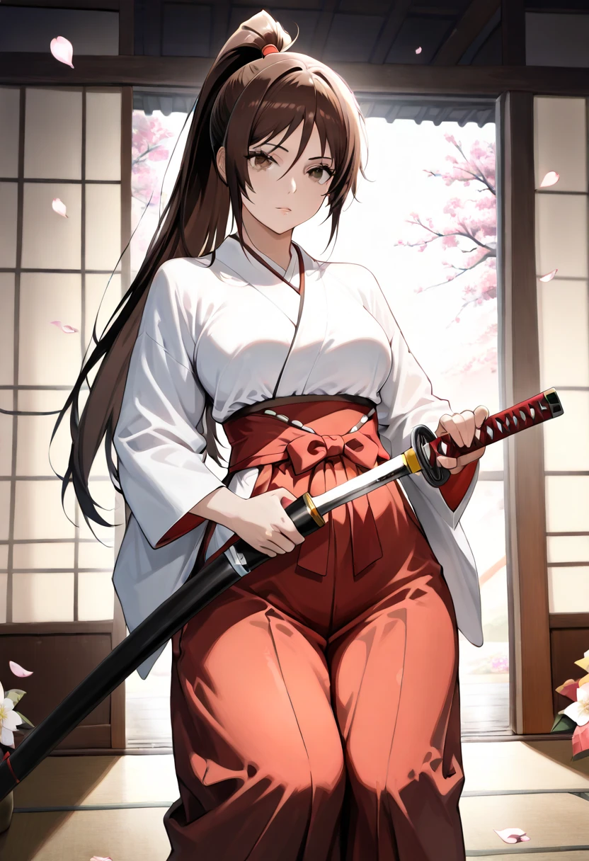 
((Incrs Unsheathing A Katana, sheath, holding sheath)),Realistic image, detailed image, coherent image. 1 beautiful girl. She has long hair, styled in a ponytail, brown hair. Honey brown eyes, with long eyelashes. Sensual expression. sagiri yamada asaemon, long hair, black hair, ponytail, high ponytail, (brown eyes:1.5), japanese clothes, kimono, hakama, She has a curvy body, medium breasts and thick thighs. She is on her knees with her buttocks raised. View from front. Arching her back. In a room, surrounded by flower petals. Soft focus, Dramatic shadows, Volumetric lighting, natural lighting,