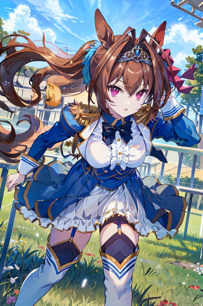 、 Daiwa Scarlet  \(Horse Girl\)、Red eyes、ribbon、赤いribbon、 tiara 、Epaulettes、Puffy long sleeves、 Juliet Sleeve、Black bow tie、 white shirt、 Framed Chest 、 blue jacket 、 blue dress 、 Center Frill 、 underbust、 Layered Skirt 、 Garter Strap 、 White Thigh High Socks 、White footwear、 absurd、 Hi-Res、( Official Art、 Beautiful and Aesthetic:1.4)、Super detailed、Aerial、Beautiful person、Sprint コース、 horizon 、Grass、guardrail、Sprint、 Inspiration 、(Part of a Betting Ticket :1.3) (Wind effect:1.2)、