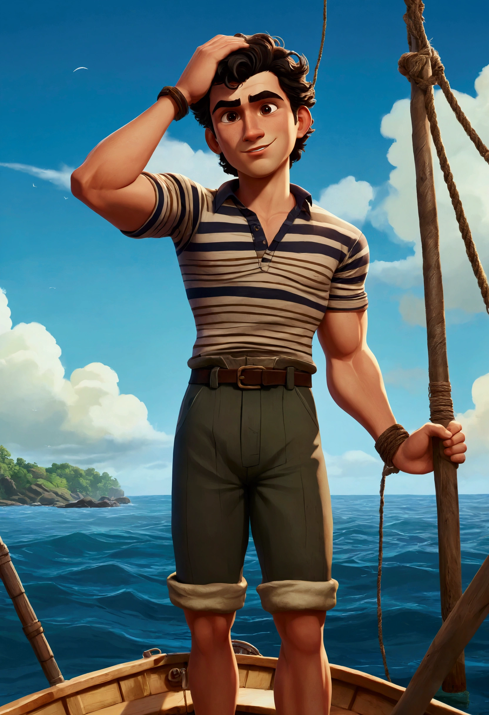 An animated poster of a young fisherman, male, wearing striped breeches, broad, stocky physique, deep brown eyes, bulbous nose, full lips, brown-black hair, curly quiff, thick bushy eyebrows, extremely hairy chest, hairy stomach, and hairy arms, standing on a wooden catamaran, hand-drawn, full color, multi-color, shadows, Arcane art style, Fortiche Animation, masterpiece.