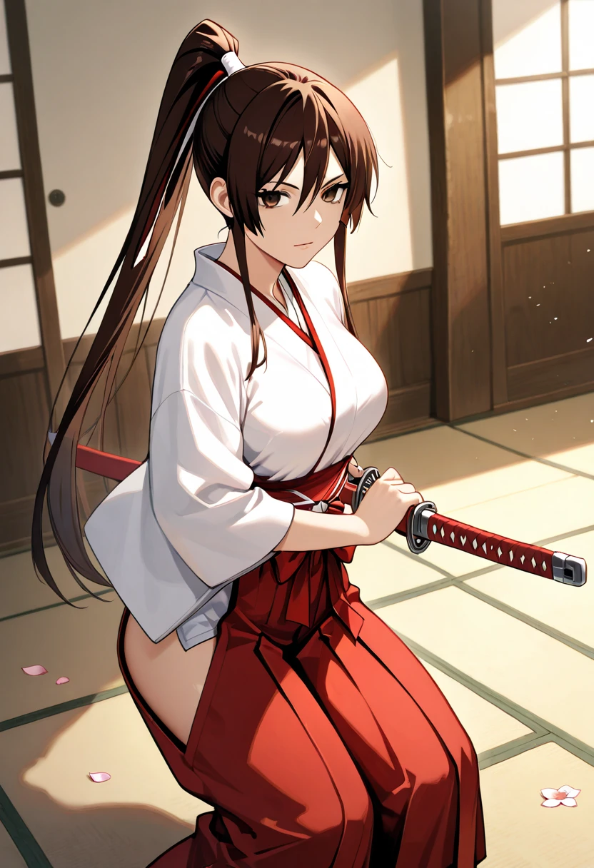 
((sagiri yamada asaemon, iaidow , katana , ready to draw, battoujutsu stance , sheath, holding sheath)),Realistic image, detailed image, coherent image. 1 beautiful girl. She has long hair, styled in a ponytail, brown hair. Honey brown eyes, with long eyelashes. Sensual expression. sagiri yamada asaemon, long hair, black hair, ponytail, high ponytail, (brown eyes:1.5), japanese clothes, kimono, hakama, She has a curvy body, medium breasts and thick thighs. She is on her knees with her buttocks raised. View from front. Arching her back. In a room, surrounded by flower petals. Soft focus, Dramatic shadows, Volumetric lighting, natural lighting,