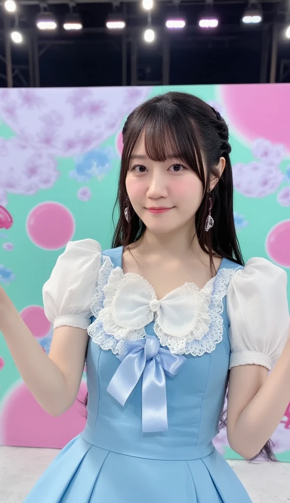 A ten-year-old girl, girl, small ,Gamine,Alone, sitting in front,ssmile(chineseidol, Pink and white princess dress, White panty hose )(Bow hair ornament,)through bangs, white backgrounid, mid closeup,85mm Lenz, tmasterpiece, (An extremely delicate one), (Best quality),超高分辨率,HighDynamicRange,hyper HD,8K,Best quality,The content is very detailed,Focus sharp,physically-based renderingt,professional,Simple blue sky background,Photography with Leica M11