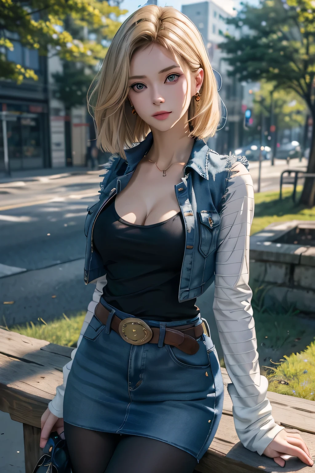 (highres,photorealistic) beautiful lady, short hair, (extremely detailed eyes and face, long eyelashes), (detailed lips), (vivid colors), (sharp focus), (studio lighting)One girl wears a denim skirt and a Black T-shirt with high cleavage shirt standing in front of the window, Young beautiful amouranth, hyper realistic anime, seductive anime girl, perfect android girl, photorealistic perfect body, realistic anime 3d style, beautiful blonde girl, beautiful alluring anime woman, hyperrealistic schoolgirl, sexy look, cyberpunk 2 0 y. o model girl, attractive anime girl, Android 18, Wind cut hair, Light Blonde hair, Blue Transparent eyes of Slavic Caucasians, The flash in the eyeballs is brilliant, Wearing round earrings, Tight Long sleeves with black stripes on a white background, Blue denim mini vest, Blue denim mini skirt, The denim skirt's zipper seam line and stitching run vertically straight to the bottom of the skirt, Open-chested denim vest, Large breasts, Women's Western Cowboy Belt, Brown see-through pantyhose, Western short boots, Looking at viewer, Her whole body is visible on the screen, Her entire body is visible on the screen, from her head to her boots, On a bench, Slight smiling with closed lips standing next to bench , Blue sky, , outside, park, grass, Summer, trees, blue sky, high quality, masterpiece,