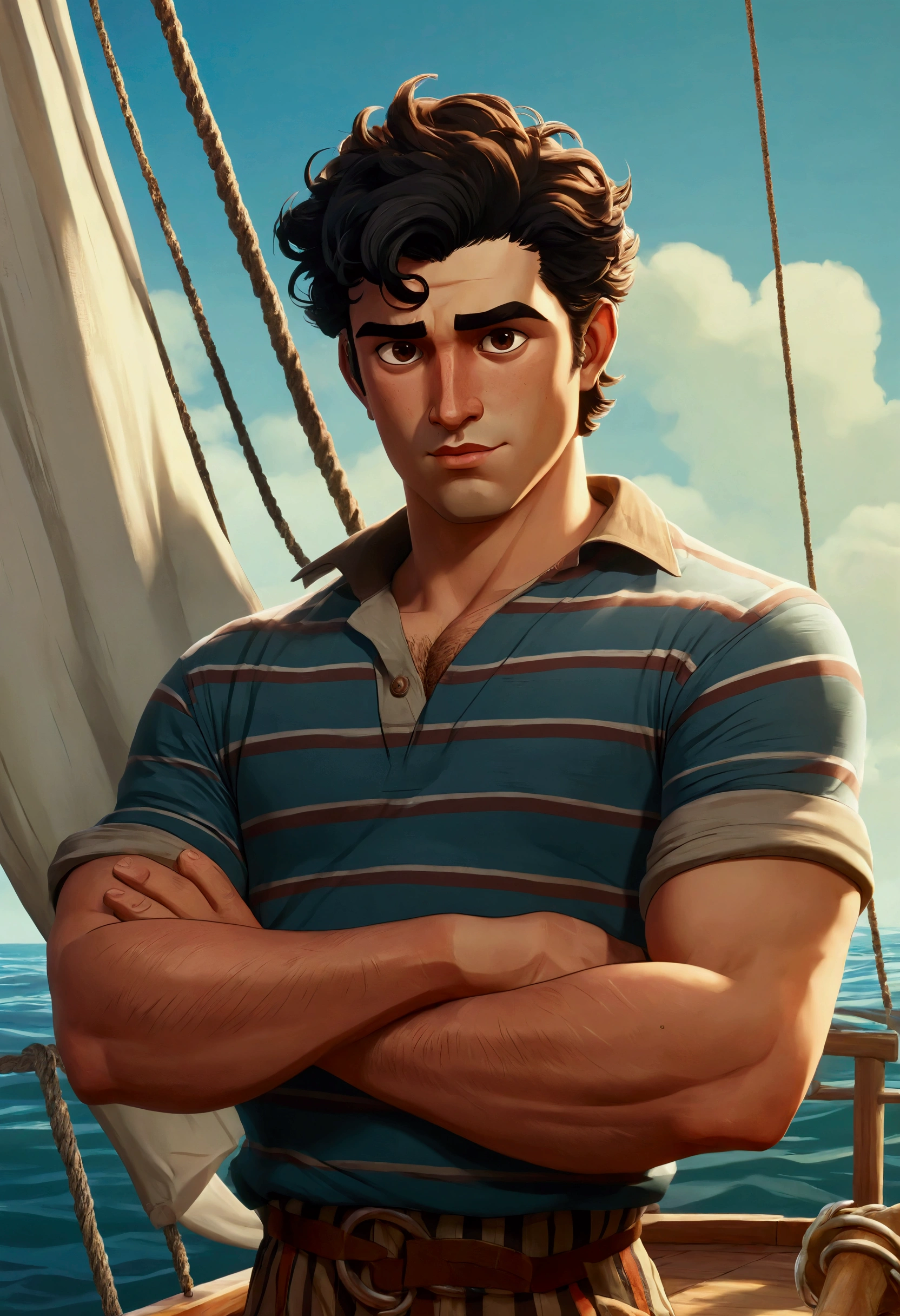 An animated poster of a young fisherman, male, wearing striped breeches, broad, stocky physique, deep brown eyes, bulbous nose, full lips, brown-black hair, curly quiff, thick bushy eyebrows, extremely hairy chest, hairy stomach, and hairy arms, standing on a wooden catamaran, hand-drawn, full color, multi-color, shadows, Arcane art style, Fortiche Animation, masterpiece.