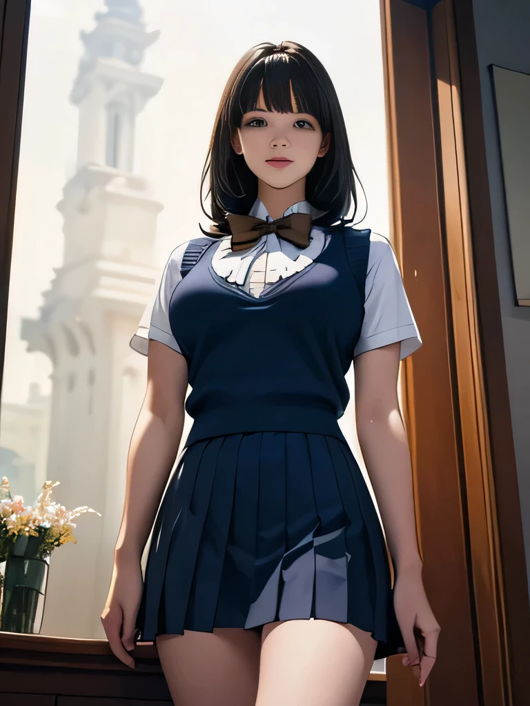 (masterpiece:1.2,  best quality), (Realistic, photoRealistic:1.4),  beautiful illustration , ( natural light, There is a movie light),  written border surrounded by greenery,  stares at viewers, ( face focus , Above the knees)Front View,  1 girl,  Japanese, high school girl,  perfect face,   cute symmetrical face , shiny skin, (Bob Hair:1.2, black haired),  asymmetrical bangs, Big Eyes, Droopy eyes,  long lashes)(( very big breasts))Beautiful Hair,  Facial beauty,   fine and beautiful eyes , Beautiful clavicle,  beautiful body,  Beautiful breasts,   beautiful thighs in books,  beautiful legs with tails,   beautiful fingers , (( Fine texture  , Brown knit vest, Short sleeve white collar shirt,   navy pleated skirt  ,  navy bow tie )), ( Beautiful Scenery ),  evening , (Inside the flower shop),  standing , (smile, Superior,  open your mouth), (From below:1.5),(Low visibility:1.5), 