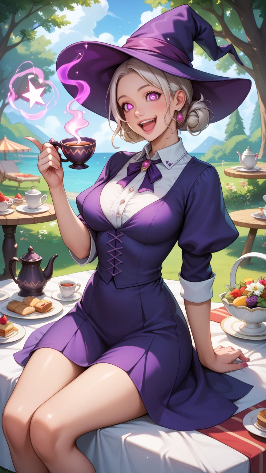 Masterpiece, best quality, wizard tea party, magic tea party, magic, witches, highly detailed realistic eyes, happy, vibrant, colorful,