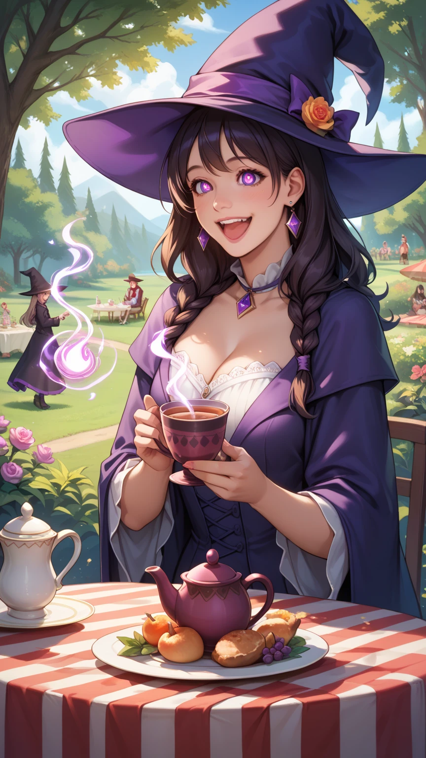 Masterpiece, best quality, wizard tea party, magic tea party, magic, witches, highly detailed realistic eyes, happy, vibrant, colorful,