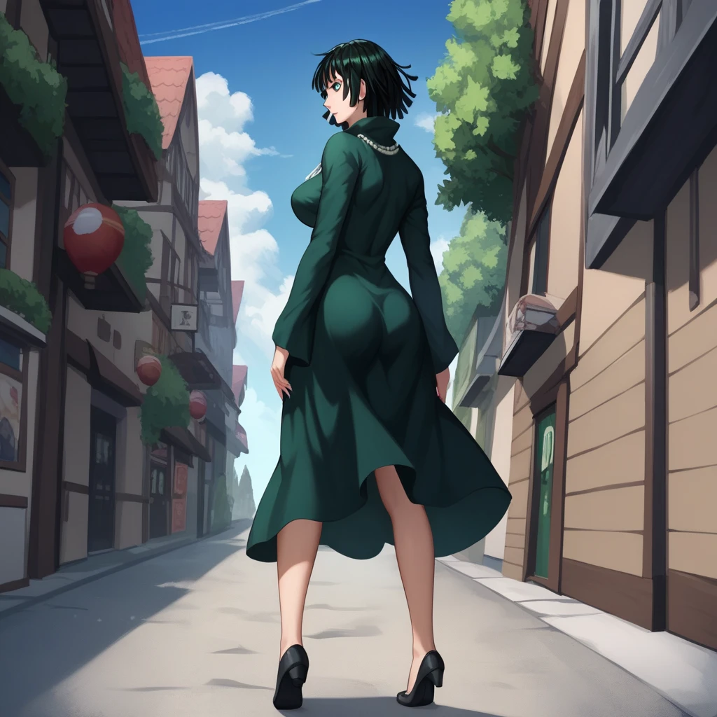 (masterpiece), score_9, score_8_up, score_7_up, source_anime, background: Sun, street, light projecting. 1girl, alone, Fabuki from one punch man, black hair, green eyes, short hair, large breasts,black dress, dress, high collar, jewelry, necklace, off shoulder, taut clothes, taut dress. Standing, legs apart, back, greeting, view from below ground, looking at the viewer out of the corner of his eye, cheerful.
