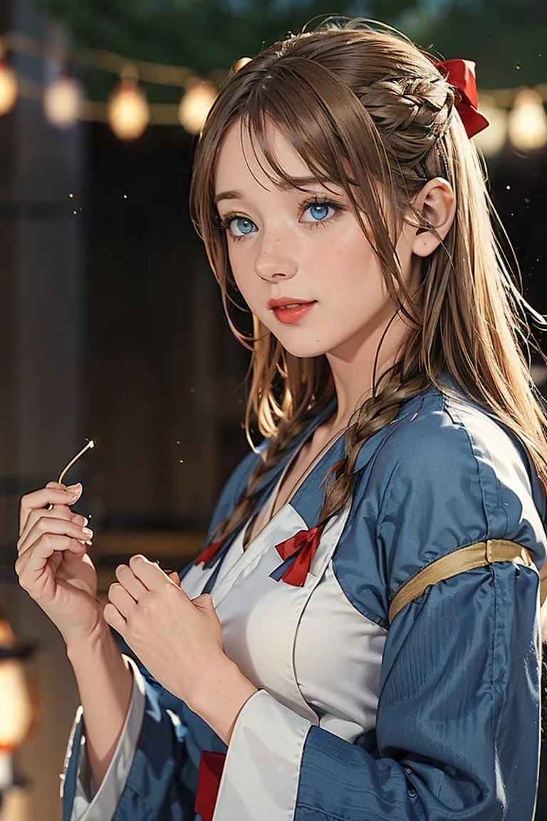 (  Very Delicate and Beautiful  : 1.2),  1 girl, bangs,  blue eyes, Blur, Blur background, bow,  brown hair, shut up, Side View, Hair between the eyebrows, hair bow,  lantern, Particles of light,  Long Sleeve ,  watching the audience,  Medium Hair ,   knight , red bow, Alone, star(symbol),  upper body, smile, Red lips