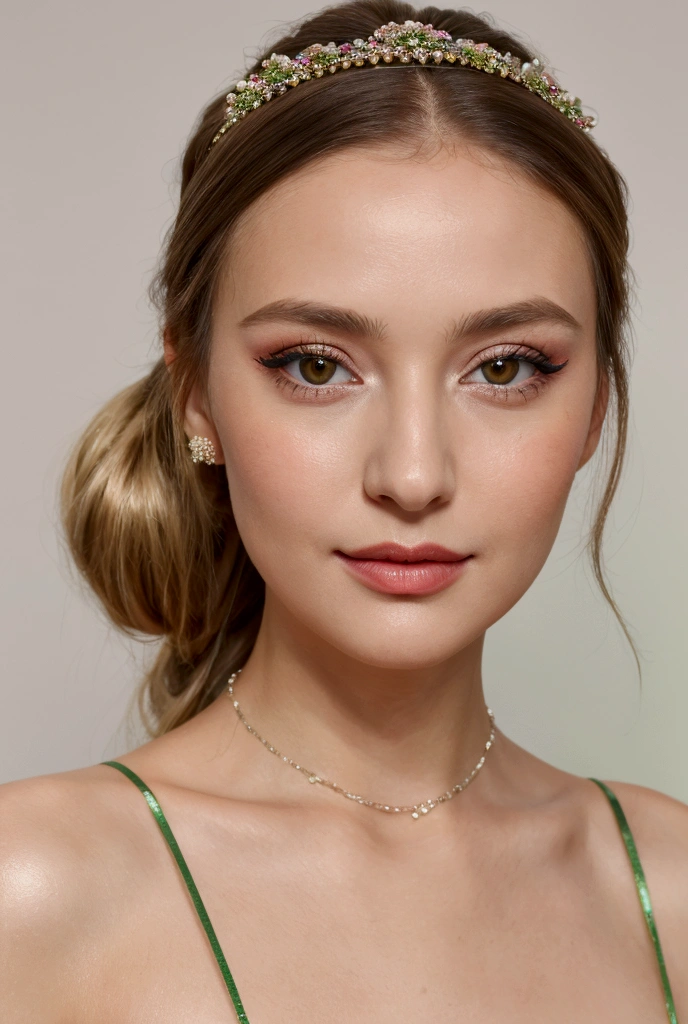 Realistic close upper body portrait of a German flower girl aged 20 years , ponytail , hairband, Necklace, smile.  She poses in front of the camera in a shiny metallic light green silk A-line dress with straps..., Wedding,glamour fotoshooting,  beautiful female hourglass body , Wedding celebration,   perfect anatomy ]]],  Perfect brown eyes .  Perfect hands with 5 fingers on each hand , 2 suitable brunette young woman, 1 suitable blonde young woman ,  looking at the camera  . (Eye make-up:1.1), (detailed skin :1.1), Spirit, Analog style, sharp concentration, 8K  UHD, dslr, good quality, Fujifilm XT3, Grain,  award-winning ,  masterpiece .  The 20-year-old young woman standing together at a party and showing her beautiful silk dress . Wonderful moment of love, Portraitfoto