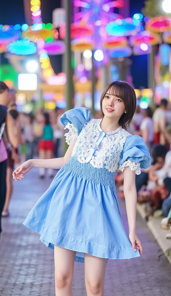  Realistic Long Shot Picture of a Beautiful Girl ,  Black Straight Medium Hair , Japanese pop idol ,  Brown Eyes , 50mm Portrait,  performs and dances on a colorful stage , top: Cute baby blue and white collar,  white button closure on the front ,   Puff Sleeves ,  a short plain baby blue skirt and a pretty ribbon tie to match,  Baby's Shirt and Hair with Blue Petal Clips , Thin Blue Lace White Shoes 