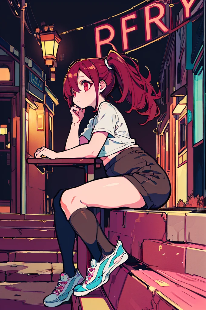 1girl,( side view , Characters are located in the distance:1.5),(Sitting at an angle on the stairs at the bottom left of the screen:1.5),(urban lonely street background, Streetlight,  dark night , moonshine:1.5),(City background,  Sports Jacket , Crop Tee, Black leather jacket , Crop Tee,  bulging stockings , Cyberpunk,  Dark Sky , Neon Light ,  Beautiful Night , Building Forest, road name, automobile,  Numerous Windows1.5), ,(A well-made chest:1.5), (Dark red eyes :1.5), (hair over one eye, rustling and messy hair, A full ponytail, Dark red hair, Long hair with strong curls,  sitting on a white background, left eye covered by hair, Ponytail that falls below the waist:1.5), (sneakers, flushing:1.5), ( shy expression , flushing:1.5), (Aegyo belly fat, dry thighs and buttocks, Slender waist :1.3)