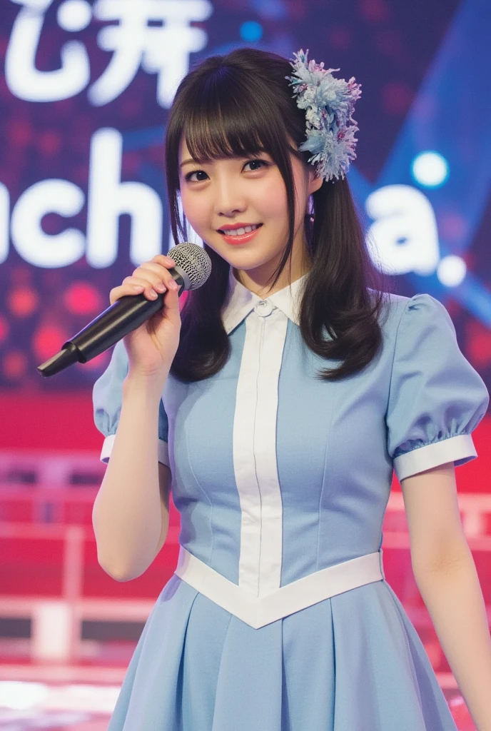  Realistic Long Shot Picture of a Beautiful Girl ,  Black Straight Medium Hair , Japanese pop idol ,  Brown Eyes , 50mm Portrait,  performs and dances on a colorful stage , top: Cute  blue and white collar,  white button closure on the front ,   Puff Sleeves ,  a short plain baby blue skirt and a pretty ribbon tie to match,  Babyhirt and Hair with Blue Petal Clips , Thin Blue Lace White Shoes 

