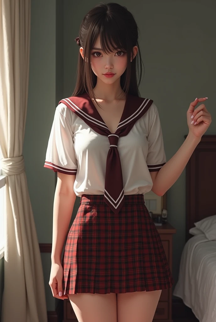 Beautiful illustration、top-quality、超A high resolution、Professional、Very realistic、Cute little girl s、a junior high school student、((Embarrassed look:1.3))、very beautiful and glowing skin、{{{{{{{{{From the skin of Veloristing}}}}}}、Crotch visible through skirt