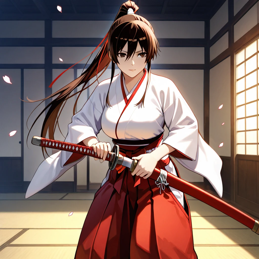 
((sagiri yamada asaemon, iaidow,weapon, katana, holding sword, ready to draw, sheathed, unsheathing, scabbard,)),Realistic image, detailed image, coherent image. 1 beautiful girl. She has long hair, styled in a ponytail, brown hair. Honey brown eyes, with long eyelashes. Sensual expression. sagiri yamada asaemon, long hair, black hair, ponytail, high ponytail, (brown eyes:1.5), japanese clothes, kimono, hakama, She has a curvy body, medium breasts and thick thighs. In a room, surrounded by flower petals. Soft focus, Dramatic shadows, Volumetric lighting, natural lighting, 