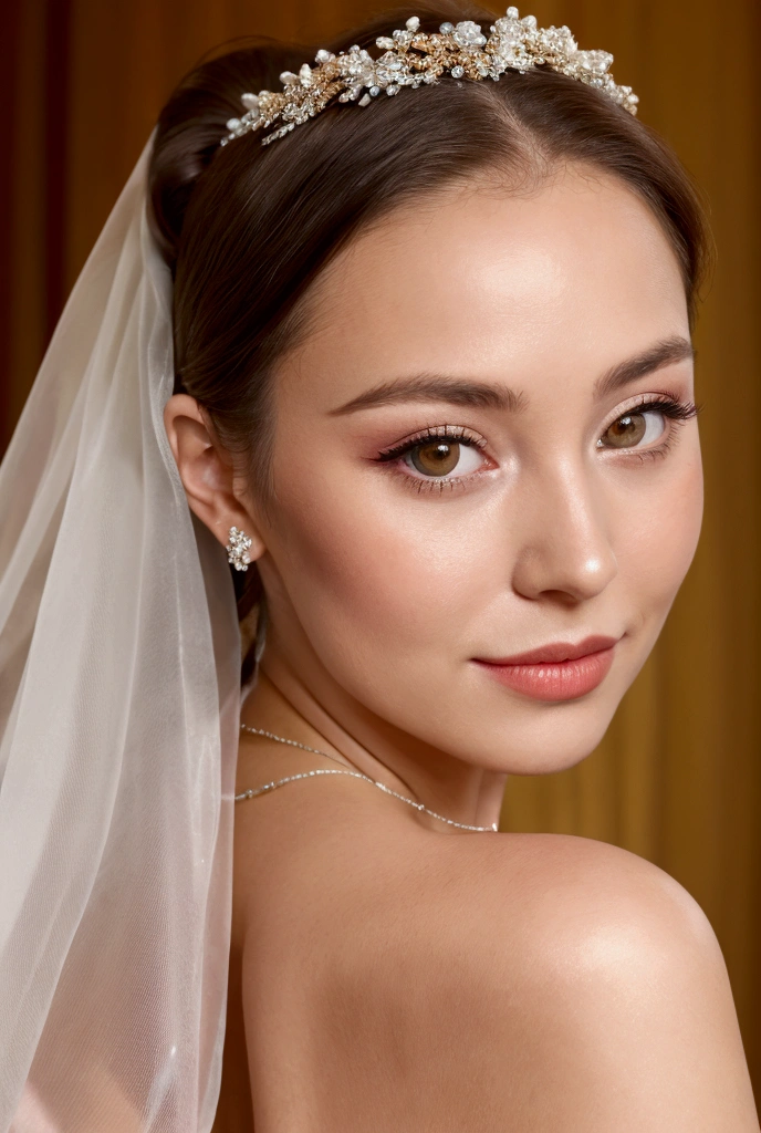 Realistic shot of a upper body portrait of a young brunette German bride aged 20 with ponytail, headband, Flower in hair, Necklace, smile. She playfully bends in front of the camera in a shiny, metallic satin wedding dress with straps..., Wedding celebration,glamour fotoshooting, beautiful female hourglass figure, Wedding celebration, perfect anatomy]]], Perfect brown eyes. Perfect hands with 5 fingers on each hand, 1 matching young blonde woman in a burgundy A-line satin dress, , Glance at the camera. (Eye make-up:1.1), (highly detailed skin:1.1), spirit, analog style, sharp concentration, 8K  UHD, dslr, good qualityFujifilm XT3, Grain, award-winning, Masterpiece. The young woman stands next to the table in the ballroom and looks over her shoulder into the camera and presents her beauty curves. Portrait photo of a love moment