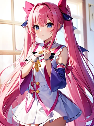  High Quality ，masterpiece。 A cute magical girl with very long pink hair ，Her hair is in long twin tails。 she顔と体を見る人の方を向いて直立します，Real identity。 her hands are empty ，Don&#39;t fold your hands。she背が高く見える，Her breasts are very large，Good style，she女性として完璧なプロポーションを持っている。sheかわいい顔で笑っている， Her eyes are both blue 。Her outfit is、きちんとしたMagical Girl Costumesです.， clothes that don't reveal much of her chest ， The costume covers her chest ，Magical Girl Costumes， Outfits with gorgeous designs such as ribbons and frills， The costume has a white and pink color scheme .，The skirt is a mini skirt， hands with long white gloves ，Long white socks on both legs 。she， Where you stand is in the city 。