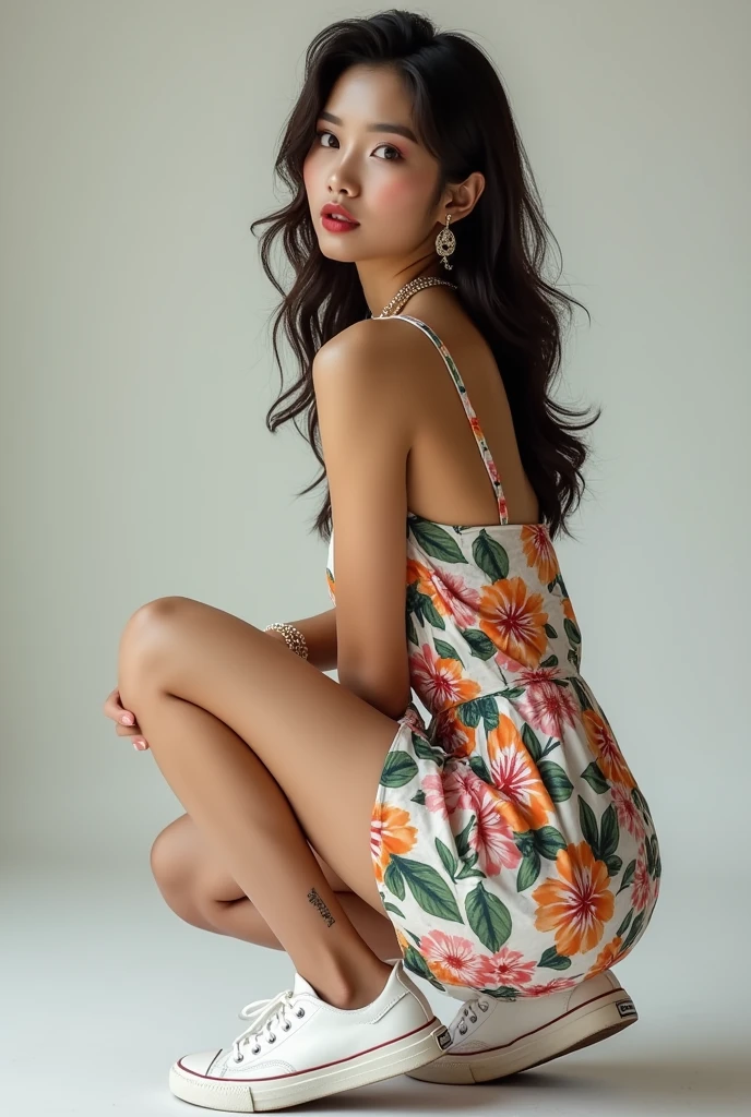 A asian woman wearing a floral dress is sitting on a beige sofa.