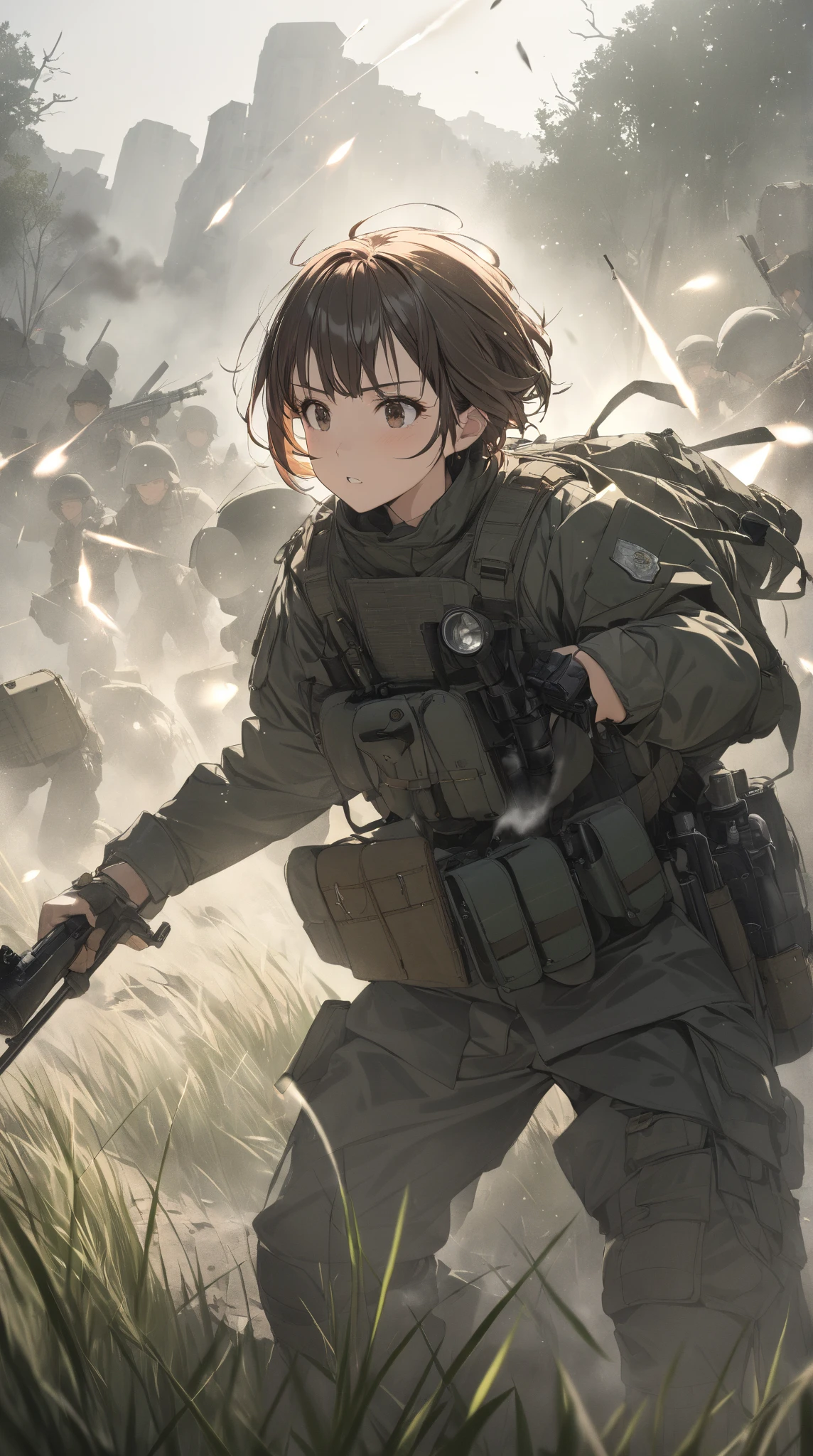 1girl, solo, militaryru, <lora:militarytyan:1>, war, ruins, military base, running, <lora:Sky:1>, explosion,