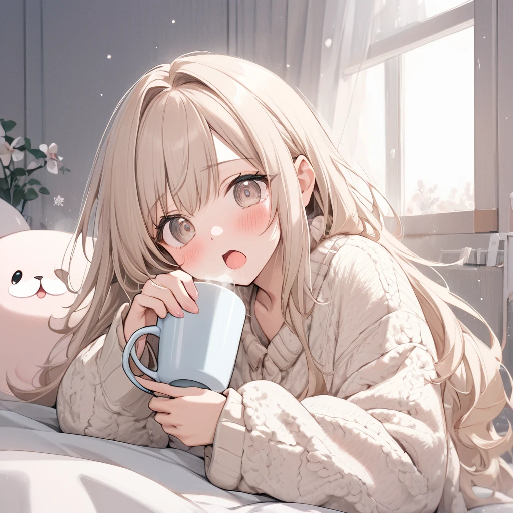 Masterpiece, (highest quality), Alone, (Young Woman), Solo, Blonde Long Straight Hair, Big, Dog Ears, (Golden Eyes), (Pajamas with green and white stripes), (More face close-up)), Looking very distressed, Eyes closed, Screaming, (((Red cheeks)), (Sweating a lot), ((Very dark)), (Midnight Room))), On the bed, ( A lot of milk spills out of the wide open mouth)))