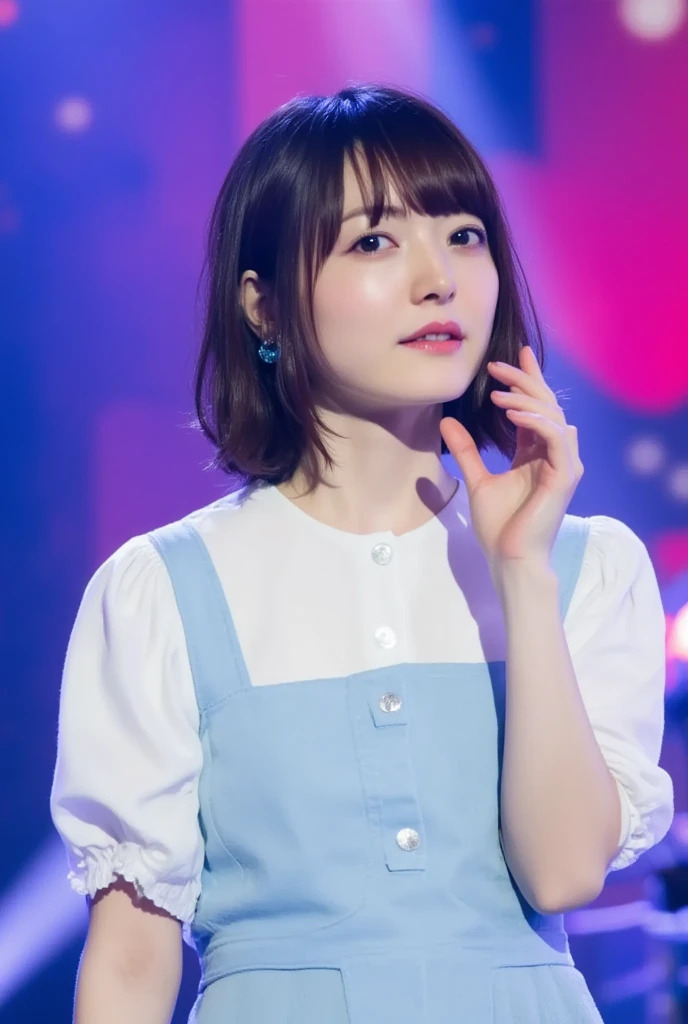  Realistic Long Shot Picture of a Beautiful Girl ,  Black Straight Medium Hair , Japanese pop idol ,  Brown Eyes , 50mm Portrait,  performs and dances on a colorful stage , top: Cute baby blue and white collar,  white button closure on the front ,   Puff Sleeves ,  a short plain baby blue skirt and a pretty ribbon tie to match,  Baby's Shirt and Hair with Blue Petal Clips , Thin Blue Lace White Shoes 

