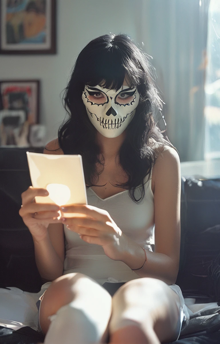 make a girl with black hair and bangs, wearing a skull mask, holding a white paper with her hands, eyes with eyeliner, self in phone