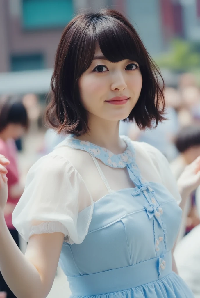  Realistic Long Shot Picture of a Beautiful Girl ,  Black Straight Medium Hair , Japanese pop idol ,  Brown Eyes , 50mm Portrait,  performs and dances on a colorful stage , top: Cute baby blue and white collar,  white button closure on the front ,   Puff Sleeves ,  a short plain baby blue skirt and a pretty ribbon tie to match,  Baby's Shirt and Hair with Blue Petal Clips , Thin Blue Lace White Shoes 

