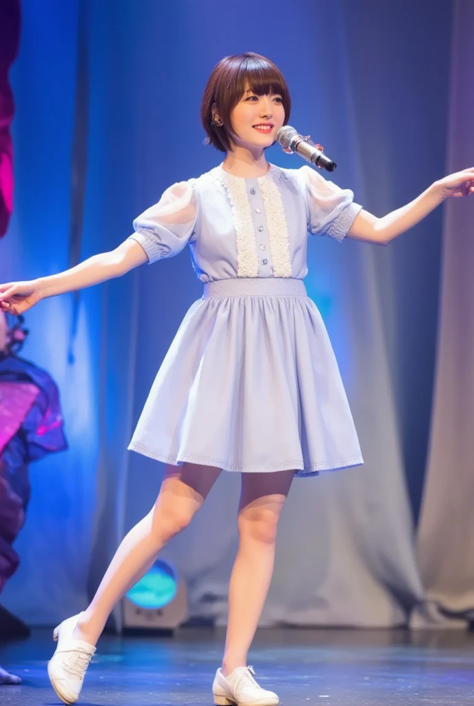  Realistic Long Shot Picture of a Beautiful Girl ,  Black Straight Medium Hair , Japanese pop idol ,  Brown Eyes , 50mm Portrait,  performs and dances on a colorful stage , top: Cute baby blue and white collar,  white button closure on the front ,   Puff Sleeves ,  a short plain baby blue skirt and a pretty ribbon tie to match,  Baby's Shirt and Hair with Blue Petal Clips , Thin Blue Lace White Shoes 

