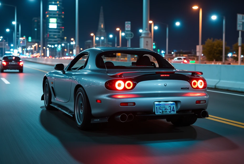   Mazda sports car piloted by a woman, mazda rx-7:1.331, (RX-7 FD :1.331), RX-7 FD with accurate depiction :1.331,  silver metallic color , "15-34"License plate with text, Right-hand drive,  Night City Ride  ,  tracking point of view , Tail lamp afterimage, Woman-Driven  ,   Women-Piloted Central Highway , 